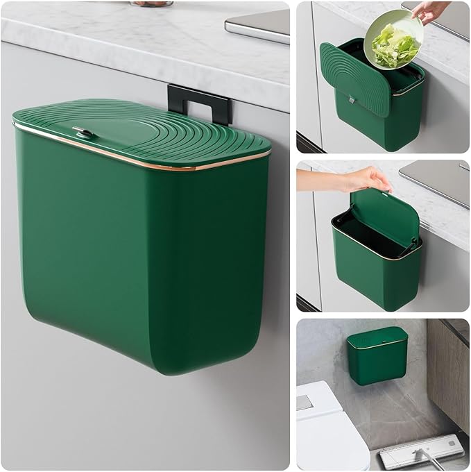 1.9 Gallon Hanging Trash Can - Small Under Sink Trash Can with Lid, Wall Mounted Compost Bin for Kitchen Cupboard Countertop, Odor-Control, Extended Clamping Ring, PET Material, Green