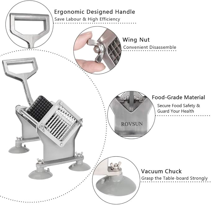 ROVSUN Commercial Vegetable Chopper French Fry Cutter Potato Slicer Fruit Chopper, Super Value Set of Suction Feet, 1/2'', 3/8'', 1/4'', 8-Wedge Blades and Pusher Blocks for Restaurant, Home & Kitchen