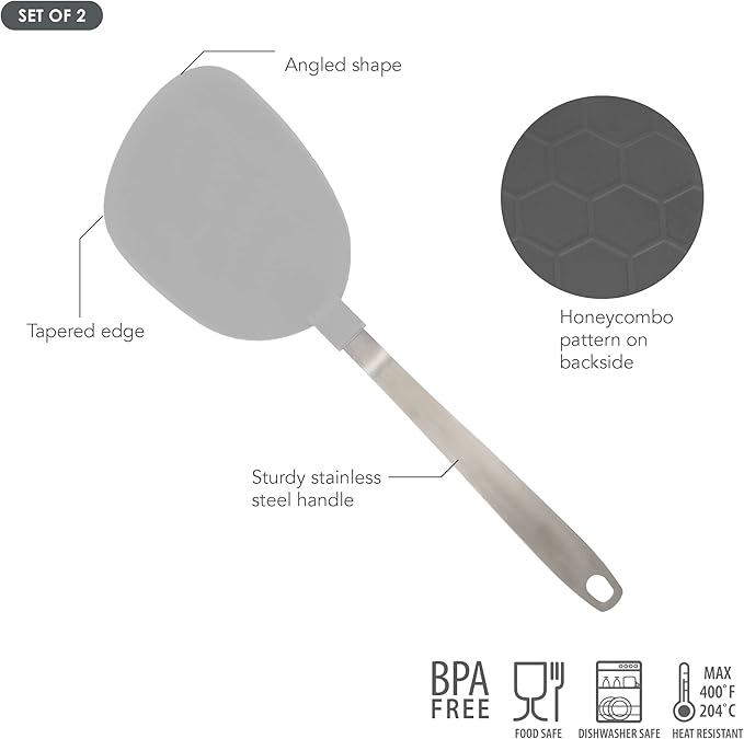 Tovolo Mini Turner Spatula with Stainless Steel Handle Set of 2 Wide Nylon Spatula for Flipping Eggs Fish Pancakes, Small Flipper Silicone Cooking Turner Charcoal & Oyster Gray