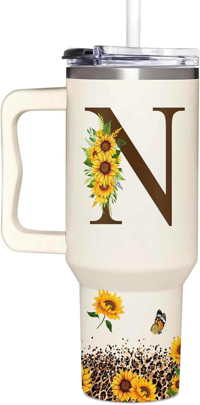 Personalized Birthday Gifts For Women - Sunflowers Monogrammed Cup For Boss Day, Christmas - Customized Gifts For Women, Mom, Wife, Coworkers, Boss Lady, Her - Custom Tumbler With Handle 40oz