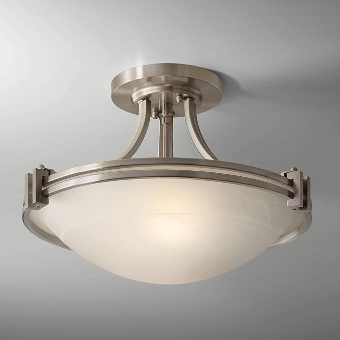 Possini Euro Design Deco Modern Ceiling Light Semi Flush-Mount Fixture 16" Wide Brushed Nickel 2-Light White Marbleized Glass Bowl Shade for Bedroom Kitchen Living Room Hallway Dining Bathroom