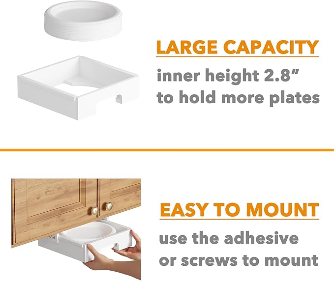 SpaceAid 9-inch Paper Plate Dispenser, Under Cabinet Bamboo Plates Holder, Kitchen Counter Vertical Dipensers Holders Countertop Caddy, White