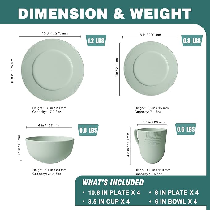 Yoshy Bone China Dinnerware with Lightweight Durable Chip Resistant Design Service for 4 (16 Piece - Service for 4, Willowmist)