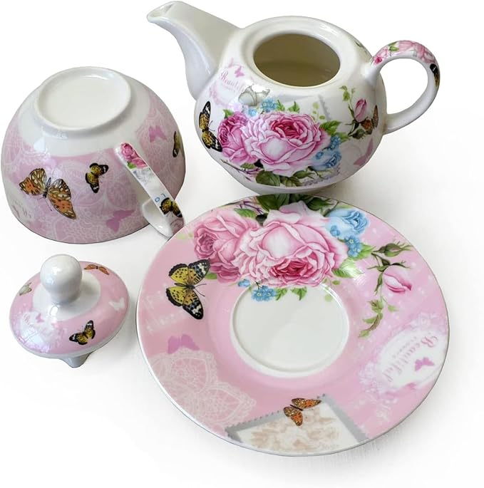 ONEUSTAR Tea for One Set Ceramic Floral Teapot and Cup Saucer Set for Women Afternoon Tea Mother's Day Gift in Reusable Gift Box, Pink Rose Flower