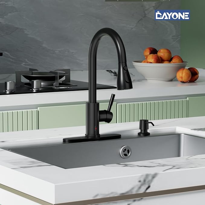 DAYONE Touchless Kitchen Sink Faucet with Pull Down Sprayer and Soap Dispenser, Black 3 Modes Motion Sensor Hands-Free Single Handle Touch Faucet for Kitchen Sink High Arc