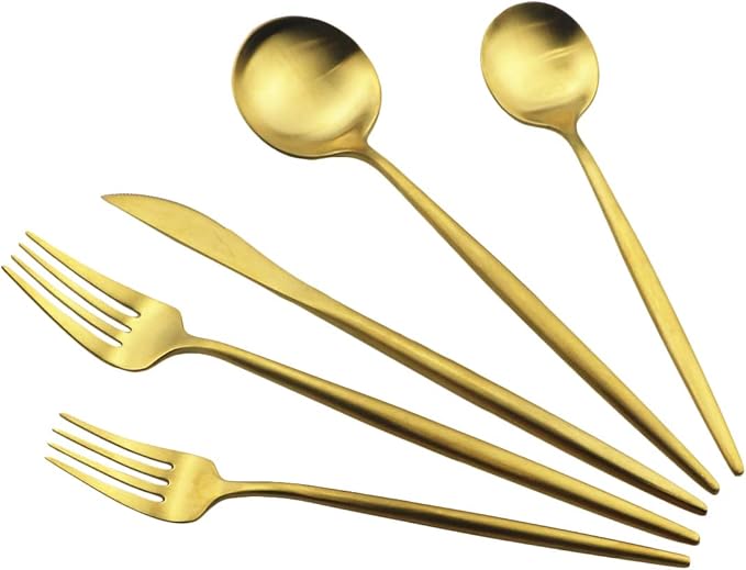 Gugrida Gold Flatware, Royal 5 Piece Luxury Matte Finish 18/10 Stainless Steel Tableware Sets for 1 Including Forks Spoons Knives, Camping Silverware Travel Utensils Set Cutlery (Gold)