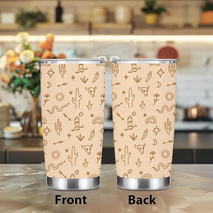 Birthday Christmas Decor Boho Western Coffee Tumbler, 20 oz Tumblers, Insulated Coffee Mug, Stainless Steel Thermal Cup Travel Coffee Cup, Cow Print Western Gifts for Women Men Coworker Appreciation