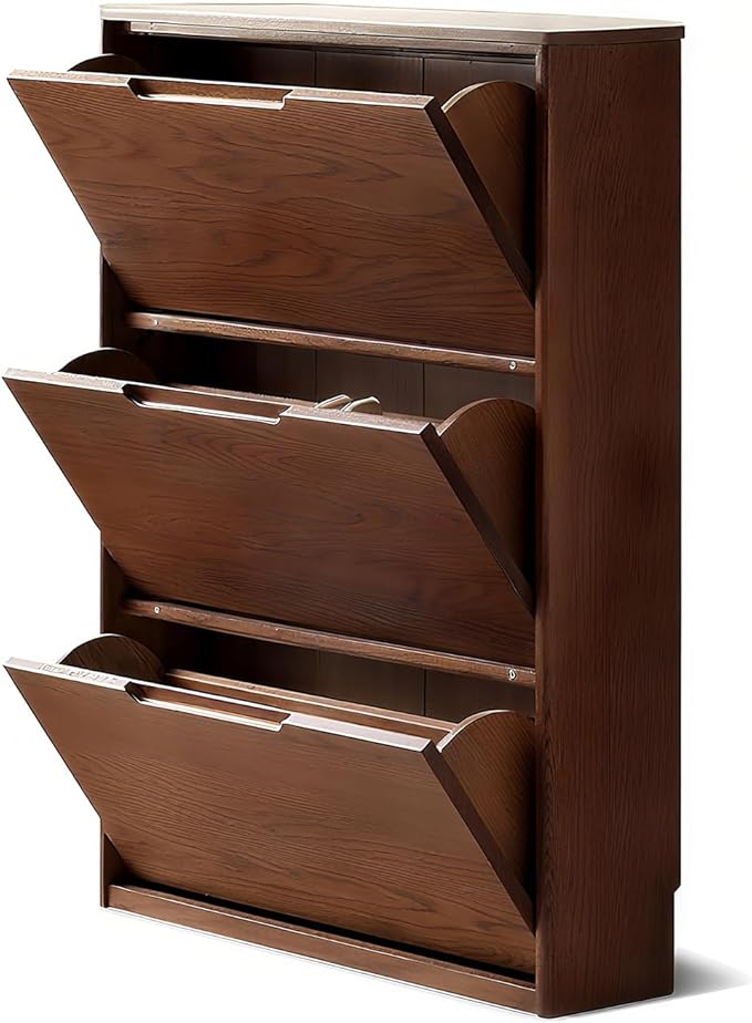 Oak Shoe Cabinet with 3 Flip Drawers, Solid Wood Shoe Storage Cabinet, Narrow Shoe Organizer for Entryway, 7.9" x 33.5" x 45.7", Oak Wood, Walnut