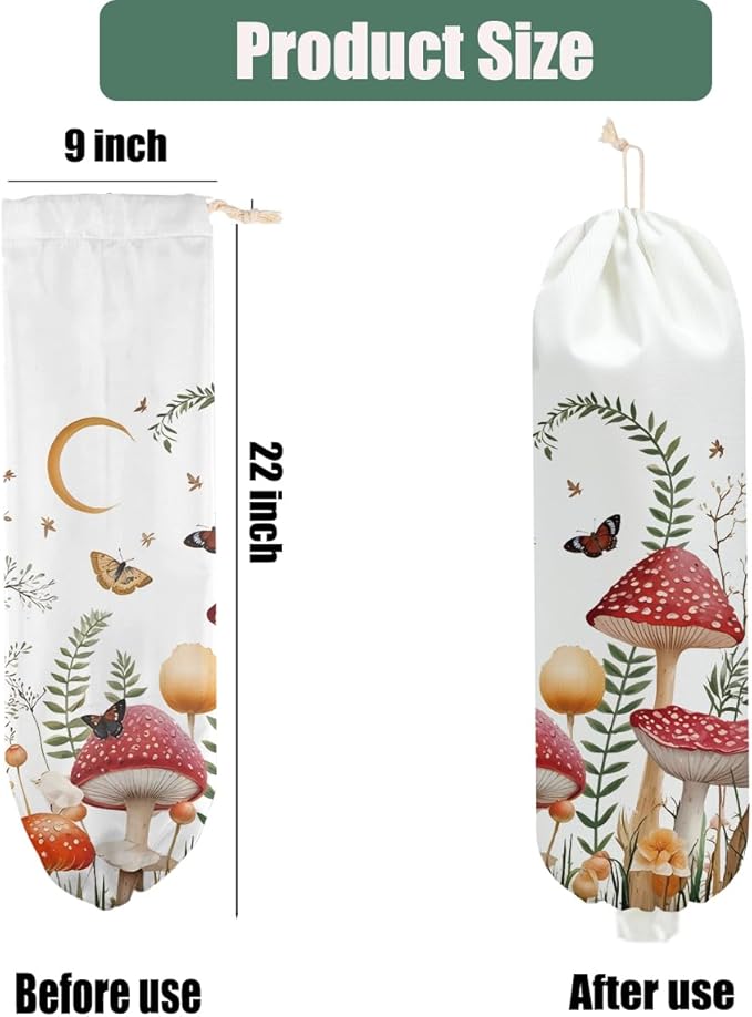 2 Pcs Mushroom Plastic Bag Holder, Floral Butterfly Grocery Bag Holder for Plastic Bags, Reusable Washable Shopping Bags Storage Dispenser for Home Kitchen Pantry Decor, Cute Mushroom Gifts for Women