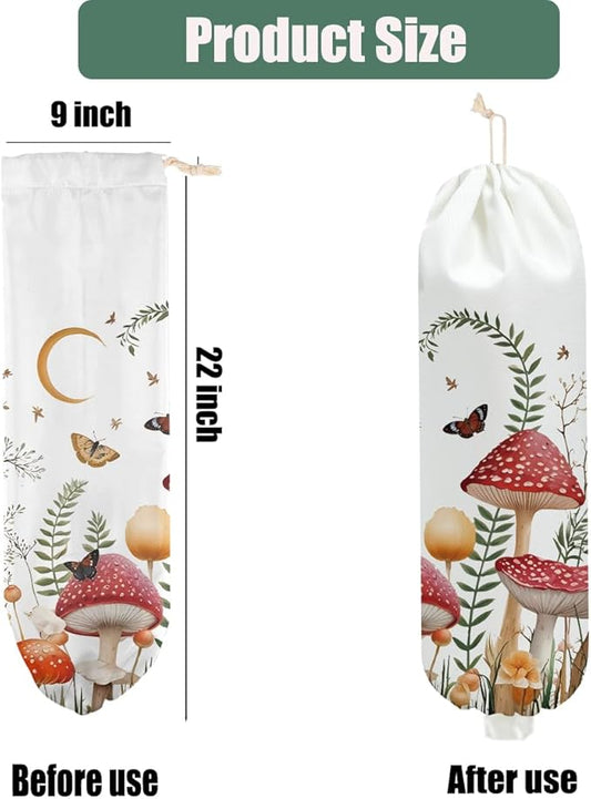 2 Pcs Mushroom Plastic Bag Holder, Floral Butterfly Grocery Bag Holder for Plastic Bags, Reusable Washable Shopping Bags Storage Dispenser for Home Kitchen Pantry Decor, Cute Mushroom Gifts for Women