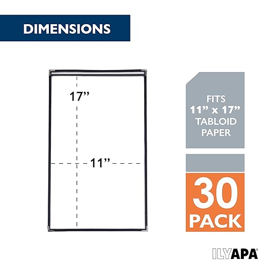 Ilyapa 30 Pack of Menu Covers 11 X 17 - Single Page, 2 View, Restaurant Menu Covers, Double Stitched Sleeves 11x17 Clear Plastic Sleeves