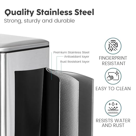 8-Gallon Trash Can, 30 Liter Stainless Steel Garbage Can, Round Trash Can with Lid, Slim Garbage can Featuring a Removable Inner Liner (Silver, 30L-Square)