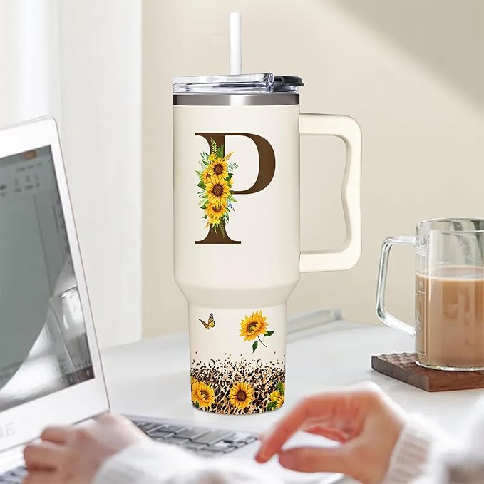 Personalized Birthday Gifts For Women - Sunflowers Monogrammed Cup For Boss Day, Christmas - Customized Gifts For Women, Mom, Wife, Coworkers, Boss Lady, Her - Custom Tumbler With Handle 40oz