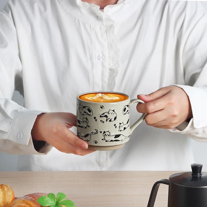 Stackable Coffee Mugs Set of 4, Aesthetic Cute 10 OZ Small Ceramic Espresso Cups Vintage Stoneware Tea Cup for Cappuccino Latte, Cat