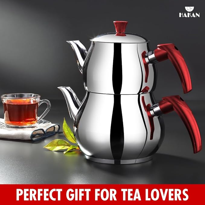 Hakan Stainless Steel 3.2 L, 107 Oz, Maxi Double Bondy Tea Pot Set with Self Strainer Double Lids, Turkish Samovar Style Teapot Set, Tea Kettle for Loose Leaf Tea with Red Bakelite Handle 3.3-Quart