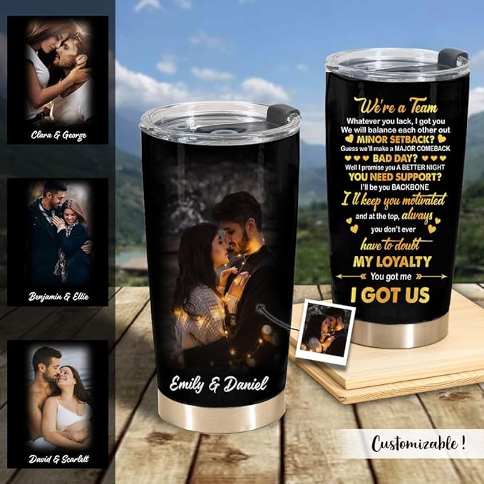 We’re a Team Forever & Always – Personalized Photo 20oz Stainless Steel Insulated Tumbler – Custom Couples Gift (Black)