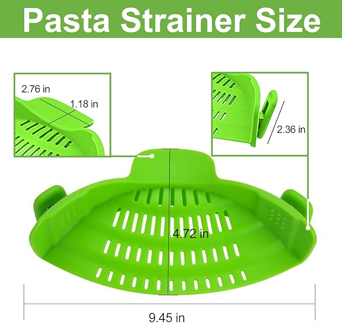 Clip-On Strainer - Universal Silicone Snap-on Colander for Draining Pasta, Vegetables & Grease – Heat-Resistant, BPA-Free, Heat Resistant, Fits Round & Oval Pots/Bowl
