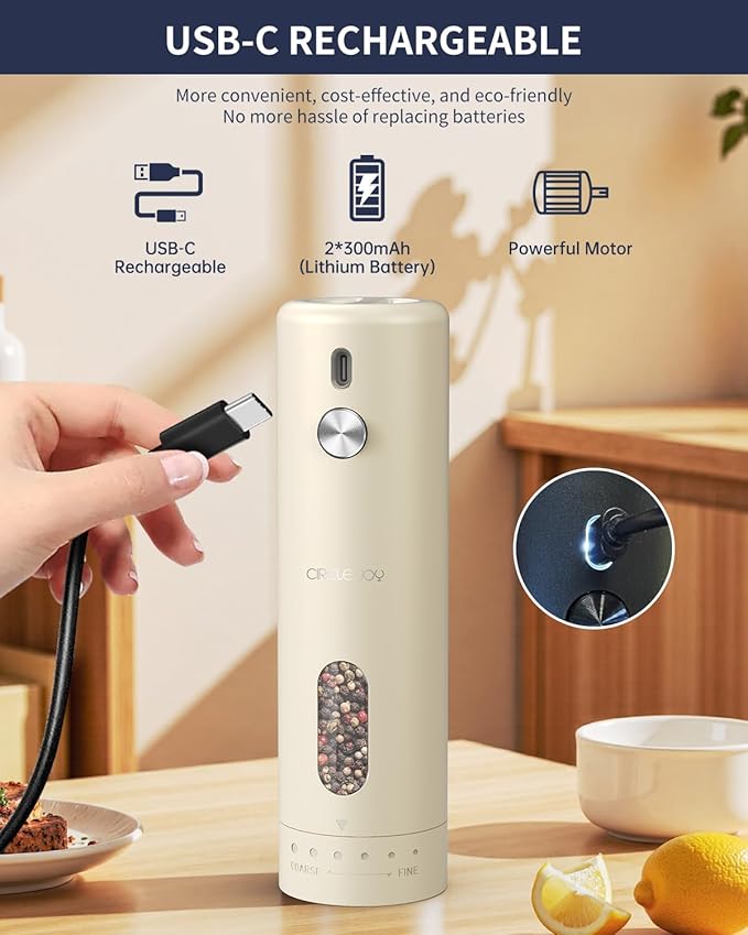 CIRCLE JOY Rechargeable Electric Salt and Pepper Grinder Set with Base, Automatic Pepper Mills with 110ml Container, External Adjustable Coarseness, White Led Light and One-Handed Operation, Begie