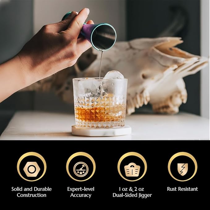 Double Japanese Jigger by Bull In China - 0.25oz to 2oz Measures for Cocktails, Bars & Bartenders (Rainbow Chrome)