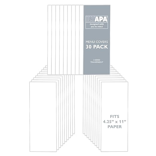 Ilyapa Restaurant Menu Covers 4.25 x 11 Inch - 30 Pack, Single Page, 2 View Clear Sleeves Holder for Restaurant, Durable PVC Hard Plastic Menu Holder