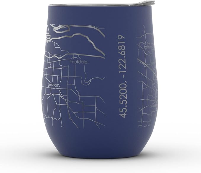 Well Told Engraved Portland Oregon Map Insulated Wine Tumbler, Etched Stainless Steel Cup (12 oz, Midnight Blue) City Map Insulated Tumbler, Custom Insulated Tumbler, Outdoor Drinkware