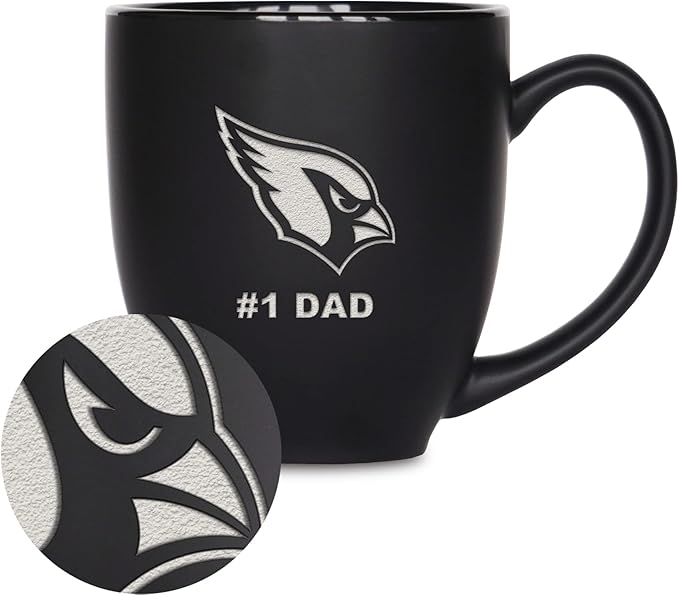 Rico Industries NFL Football #1 Dad 15oz Laser Engraved Matte Black Ceramic Bistro Mug - for Hot or Cold Drinks