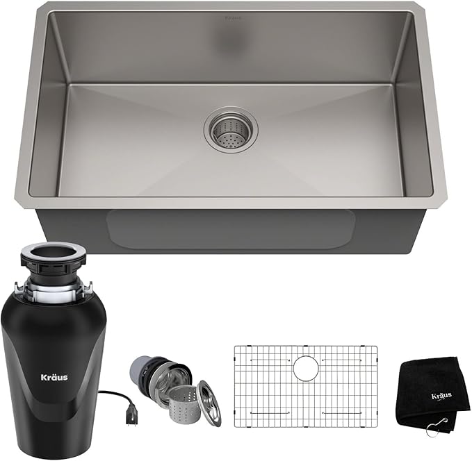 KRAUS Standart PRO™ 30-inch 16 Gauge Undermount Single Bowl Stainless Steel Kitchen Sink with WasteGuard™ Continuous Feed Garbage Disposal, KHU100-30-100-75MB
