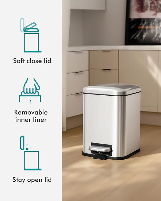 Bathroom Trash Can with Lid, 6 Liter / 1.6 Gallon Small Trash Can with Removable Liner Bucket, Soft Close lid & Step Pedal, Silver Stainless Steel Garbage Can for Bedroom, Office, Dorm