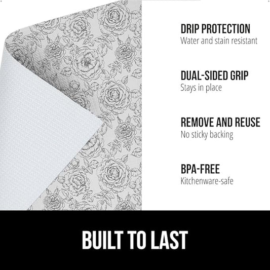 GORILLA GRIP DripGuard Shelf Liner, Non Adhesive Drawer and Kitchen Cabinet Protector, Slip Resistant BPA Free Smooth Surface Plastic Liners for Cabinets, Bathrooms, Closets, 12x120 Inch, Floral Gray
