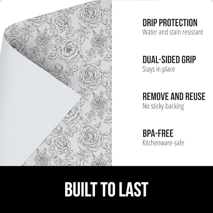 GORILLA GRIP DripGuard Shelf Liner, Non Adhesive Drawer and Kitchen Cabinet Protector, Slip Resistant BPA Free Smooth Surface Plastic Liners for Cabinets, Bathrooms, Closets, 17.5x240 Inch Floral Gray