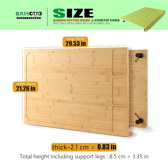 30 x 21 in Extra Large Bamboo Cutting Board and Stovetop Cover, Stove Top Cover Chopping Board with Detachable Legs and Juice Groove, Sink Cover Board, for Restaurant Kitchen Countertop