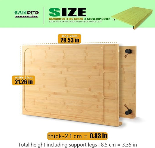 30 x 21 in Extra Large Bamboo Cutting Board and Stovetop Cover, Stove Top Cover Chopping Board with Detachable Legs and Juice Groove, Sink Cover Board, for Restaurant Kitchen Countertop