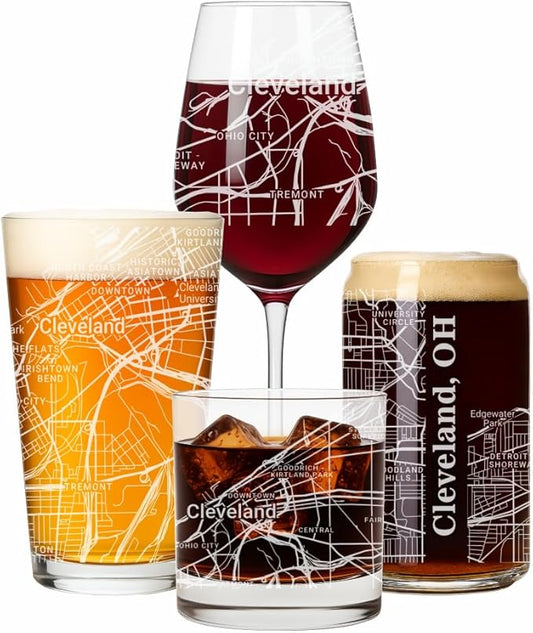 Blue Ridge Mountain Gifts - Cleveland Souvenir - Ohio Glassware Gift, Etched City Map, Laser Engraved and Dishwasher Safe