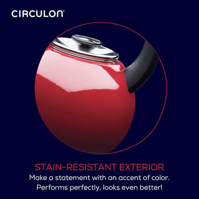 Circulon Enamel on Steel Whistling Teakettle/Teapot With Flip-Up Spout, 2 Quart - Red