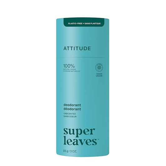 ATTITUDE Plastic-Free Deodorant, EWG Verified, Aluminum Free, Vegan Naturally Sourced Body Deodorants for Women & Men, Dermatologically Tested, Unscented, 3 Ounces