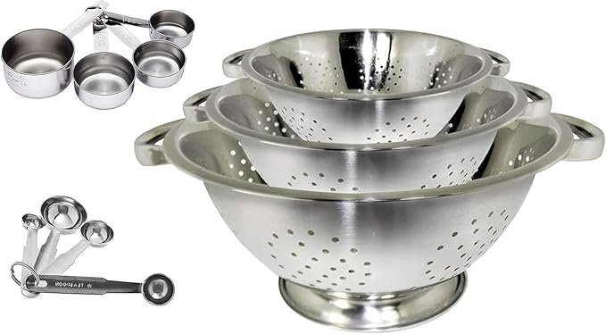 Premium Grade Stainless Steel Colander Basket Strainer Set of 3, with Measuring Cups & Spoon Set - Measure dry or liquid ingredients; Ideal for Cooking Baking Prep - Set of 11 pieces