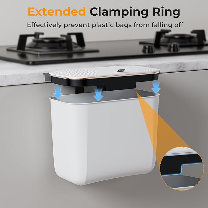 1.9 Gallon Hanging Trash Can - Small Under Sink Trash Can with Lid, Wall Mounted Compost Bin for Kitchen Cupboard Countertop, Odor-Control, Extended Clamping Ring, PET Material, White