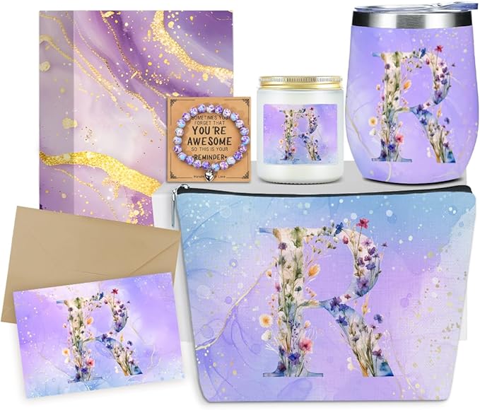 Personalized Gifts Monogrammed Birthday Gifts for Women, Mommy, Female Going Away Farewell Christmas, Initial Wine Tumbler Makeup Bag Scented Candle Bracelet Set, (Aesthetic Purple Flower R)