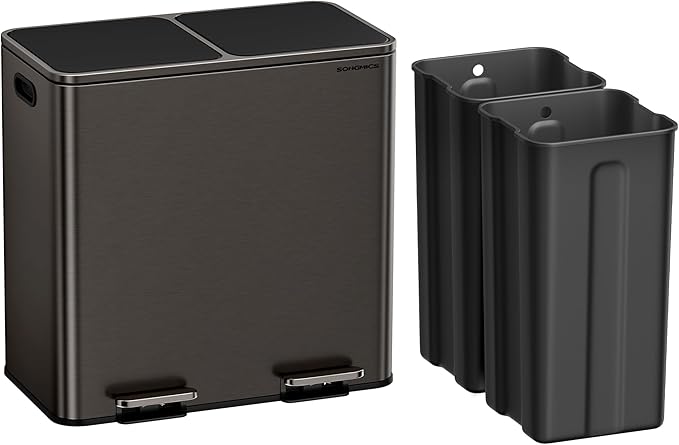 SONGMICS Trash Can, 2 x 10.6 Gallon (2 x 40 L) Garbage Can for Kitchen, with 15 Trash Bags, 2 Compartments, Plastic Inner Buckets and Hinged Lids, Airtight, Slate Gray ULTB730G01V1