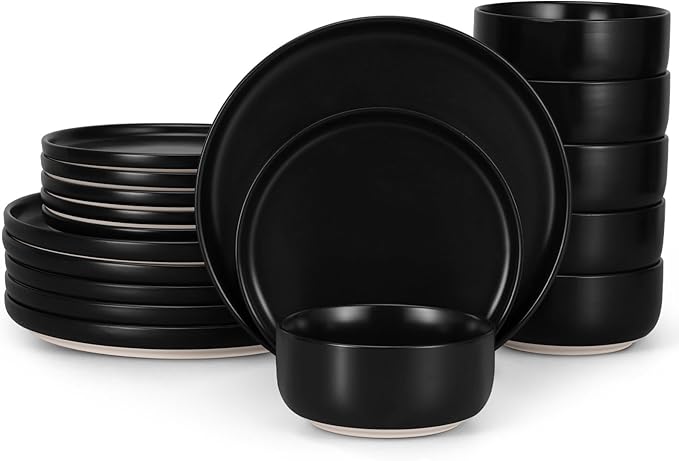 LIANYU 18PCS Dinnerware Plates and Bowls Sets, Ceramic Dishes Set for 6, Stoneware Dinner Dessert Salad Plates Cereal Bowls, Scratch Resistant Dishware, Microwavable & Dishwasher Safe, Matte Black