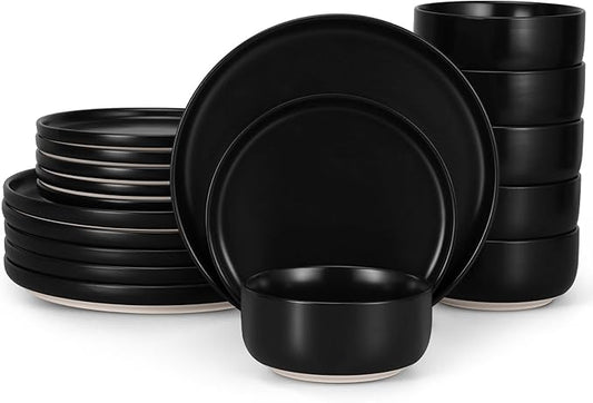 LIANYU 18PCS Dinnerware Plates and Bowls Sets, Ceramic Dishes Set for 6, Stoneware Dinner Dessert Salad Plates Cereal Bowls, Scratch Resistant Dishware, Microwavable & Dishwasher Safe, Matte Black