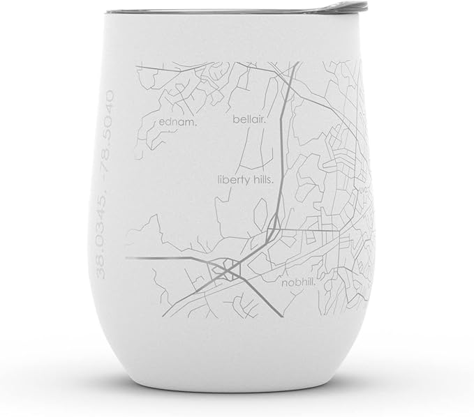 Well Told Engraved Charlottesville Virginia Map Insulated Wine Tumbler, Etched Stainless Steel Wine Tumbler (12 oz, White) City Map Insulated Tumbler, Custom Insulated Tumbler, Outdoor Drinkware