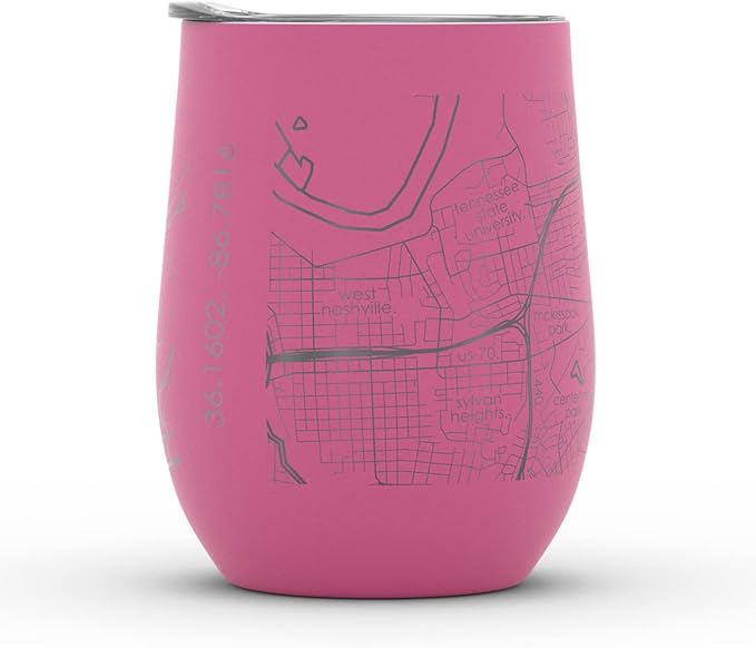 Well Told Engraved Nashville Tennessee Map Insulated Wine Tumbler, Etched Stainless Steel Cup (12 oz, Sunset Pink) City Map Insulated Tumbler, Custom Insulated Tumbler, Outdoor Drinkware