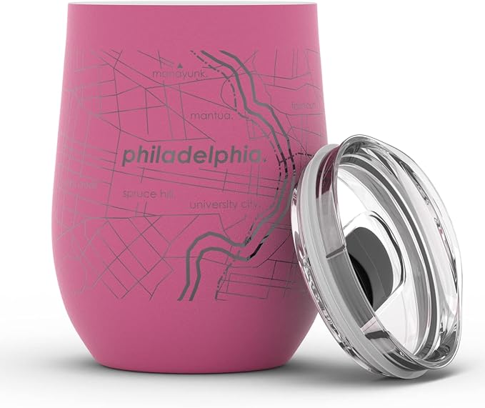 Well Told Engraved Philadelphia Pennsylvania Map Insulated Wine Tumbler, Etched Stainless Steel Cup (12 oz, Sunset Pink) City Map Insulated Tumbler, Custom Insulated Tumbler, Outdoor Drinkware