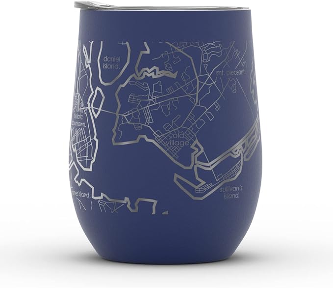 Well Told Engraved Charleston South Carolina Map Insulated Wine Tumbler, Etched Stainless Steel Cup (12 oz, Midnight Blue) City Map Insulated Tumbler, Custom Insulated Tumbler, Outdoor Drinkware