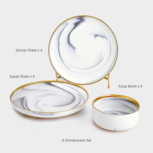Marble Gold Rim Dinnerware Sets, Porcelain Plates and Bowls Sets, Modern Luxury Dish Set for 4, White Grey China Dinner Set for Special Occasions, Hand Wash Quickly