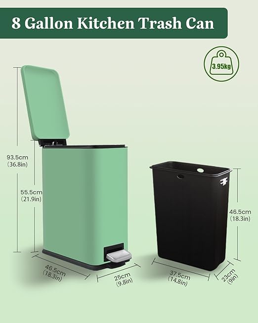 8 Gallon Slim Stainless Steel Trash Can with Step-on Lid, Narrow Kitchen Trash Can with Removal Inner Bucket, Metal Garbage Can for Bathroom, Kitchen, Office, Dorm, Green