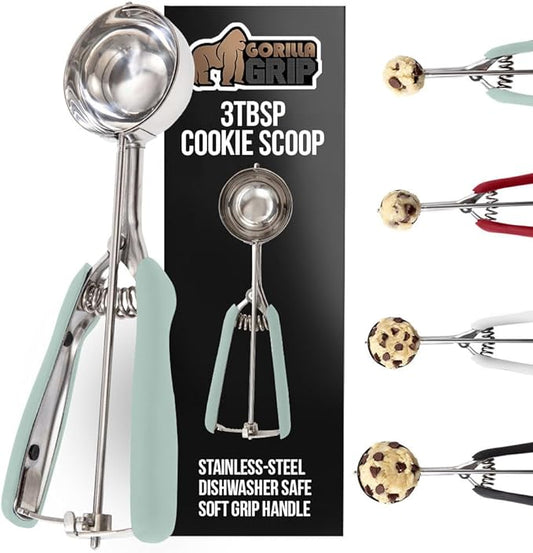 GORILLA GRIP BPA-Free Stainless Steel Cookie Scoop, 3 TBSP Scooper #20, Soft Grip Handle, Easy Food Release, Create Even Portion Sizes, Multipurpose Kitchen Melon Baller, Meatball Spring Scoops, Mint