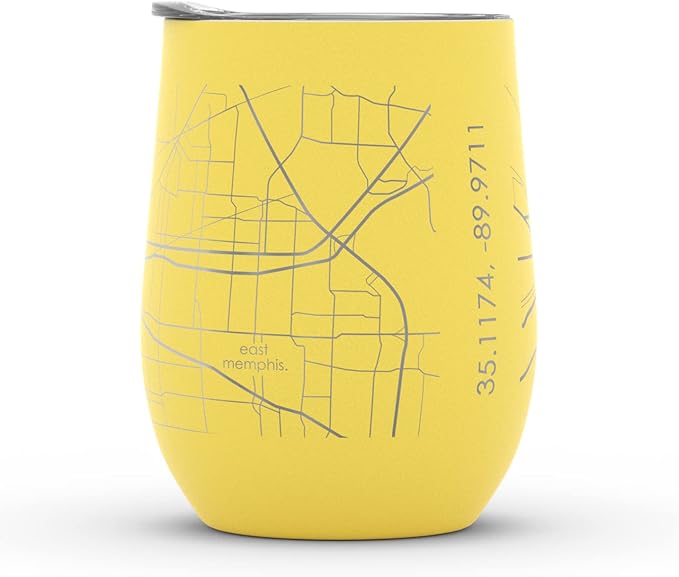 Well Told Engraved Memphis Tennessee Map Insulated Wine Tumbler, Etched Stainless Steel Cup (12 oz, Sunrise Yellow) City Map Insulated Tumbler, Custom Insulated Tumbler, Outdoor Drinkware