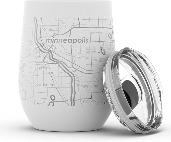 Well Told Engraved Minneapolis Minnesota Map Insulated Wine Tumbler, Etched Stainless Steel Wine Tumbler (12 oz, White) City Map Insulated Tumbler, Custom Insulated Tumbler, Outdoor Drinkware